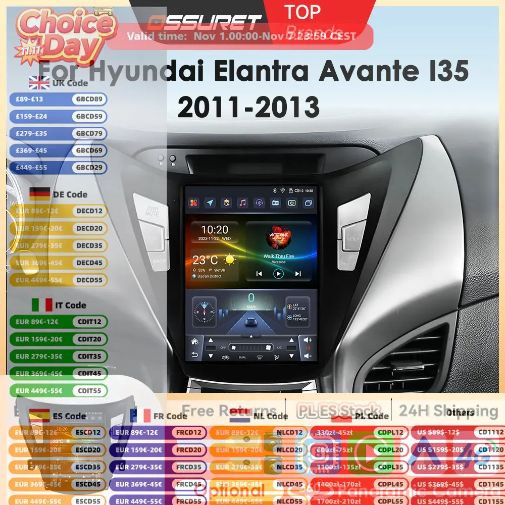 

9,7-дюймовый Android 14 2Din автомобильный радиоприемник GPS для Hyundai Elantra Avante I35 2011-2013, мультимедийный видеоплеер Carplay 4G стерео