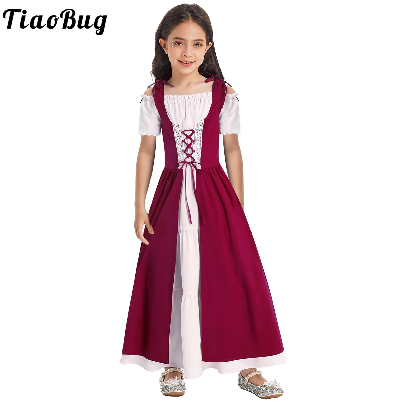 Kids Girls Medieval Renaissance Costume Halloween Cosplay Party Fancy Dress Up Short Sleeve Lace-up Ruffled Dress Vintage Gown