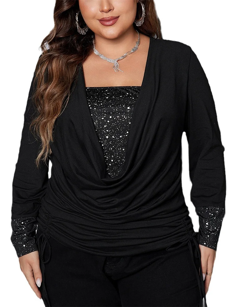 Mulheres plus size camisetas glitter gota colarinho manga longa cordão falso duas peças camisas soltas primavera outono casual topos