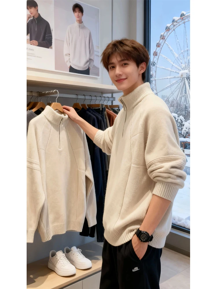 

Мужской вязаный свитер с воротником-стойкой на молнии, осень-зима 2022, новая молодежная внутренняя одежда, базовый слой, трикотаж для мальчиков, повседневный Sle