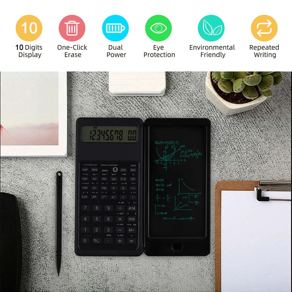 6 Inch Scientific Calculator with LCD Notepad Portable Foldable Calculator for Students 10 Digits LCD Display Pen Calculator