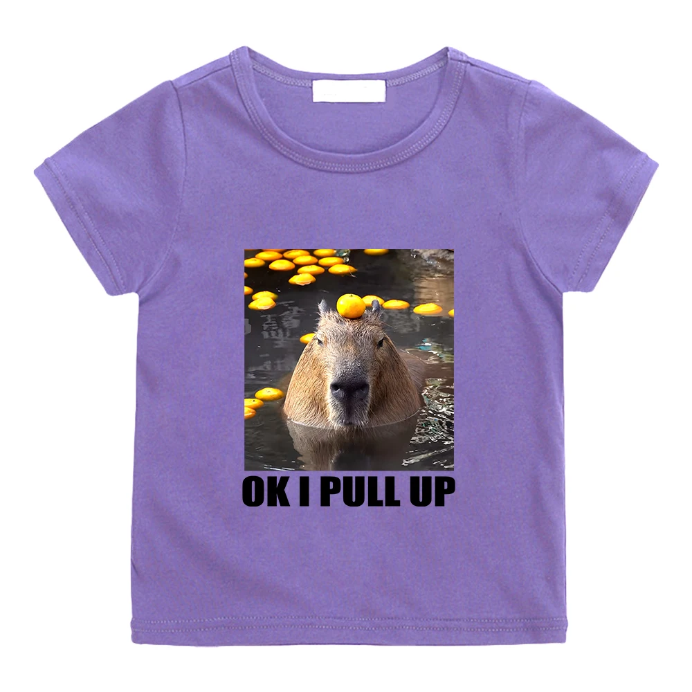 OK I PULL UP Capybara Cute Print Tee-shirt Short Sleeve 100% Cotton Children T-shirt Kawaii Cartoon Graphic Printing Tshirt Soft