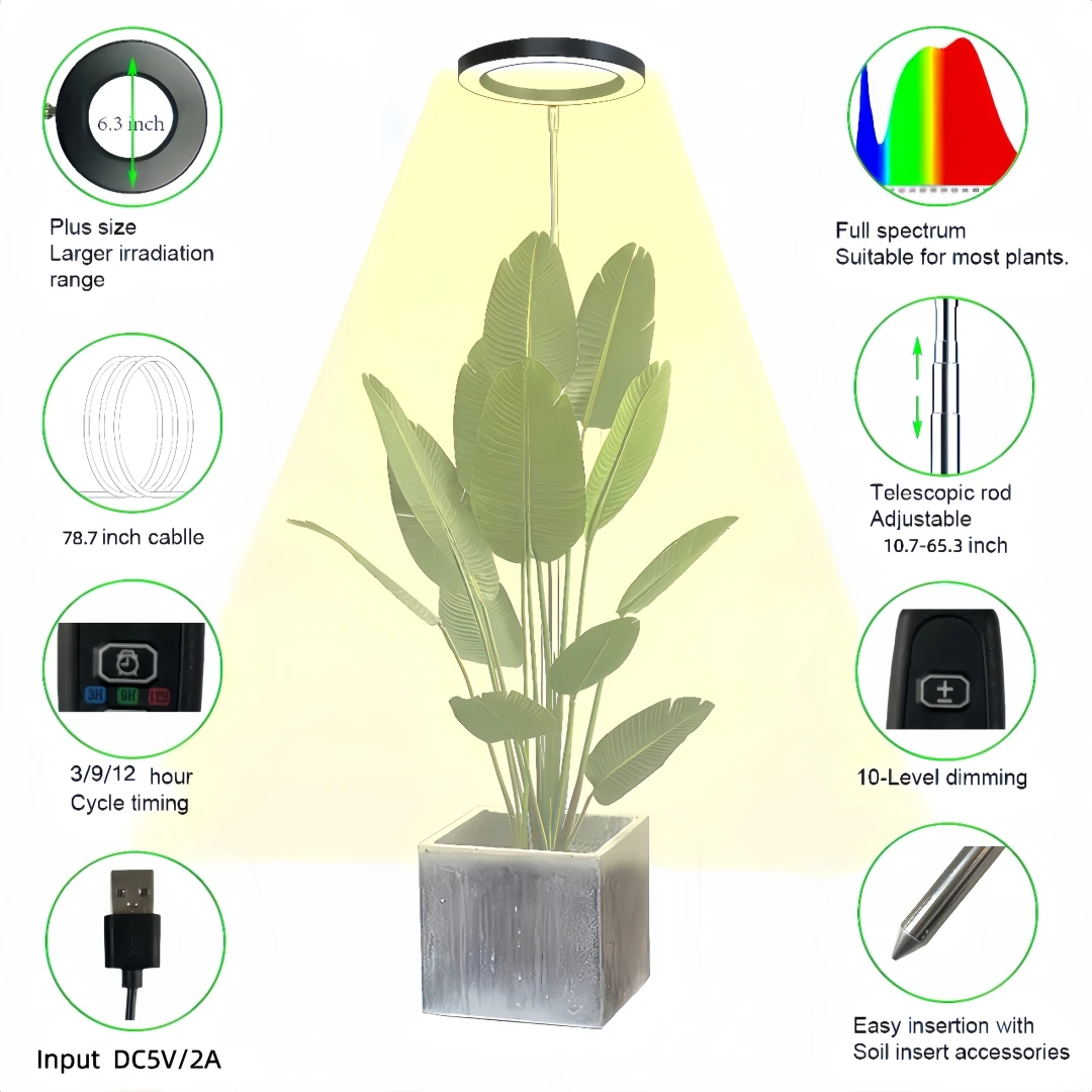 Lámpara de Cultivo para Plantas, Altura Ajustable con Temporizador de Encendido/Apagado Automático 3H/9H/12H, 10 Niveles de Brillo Regulable, Ideal para Iluminación de Plantas en Escritorio o Hogar