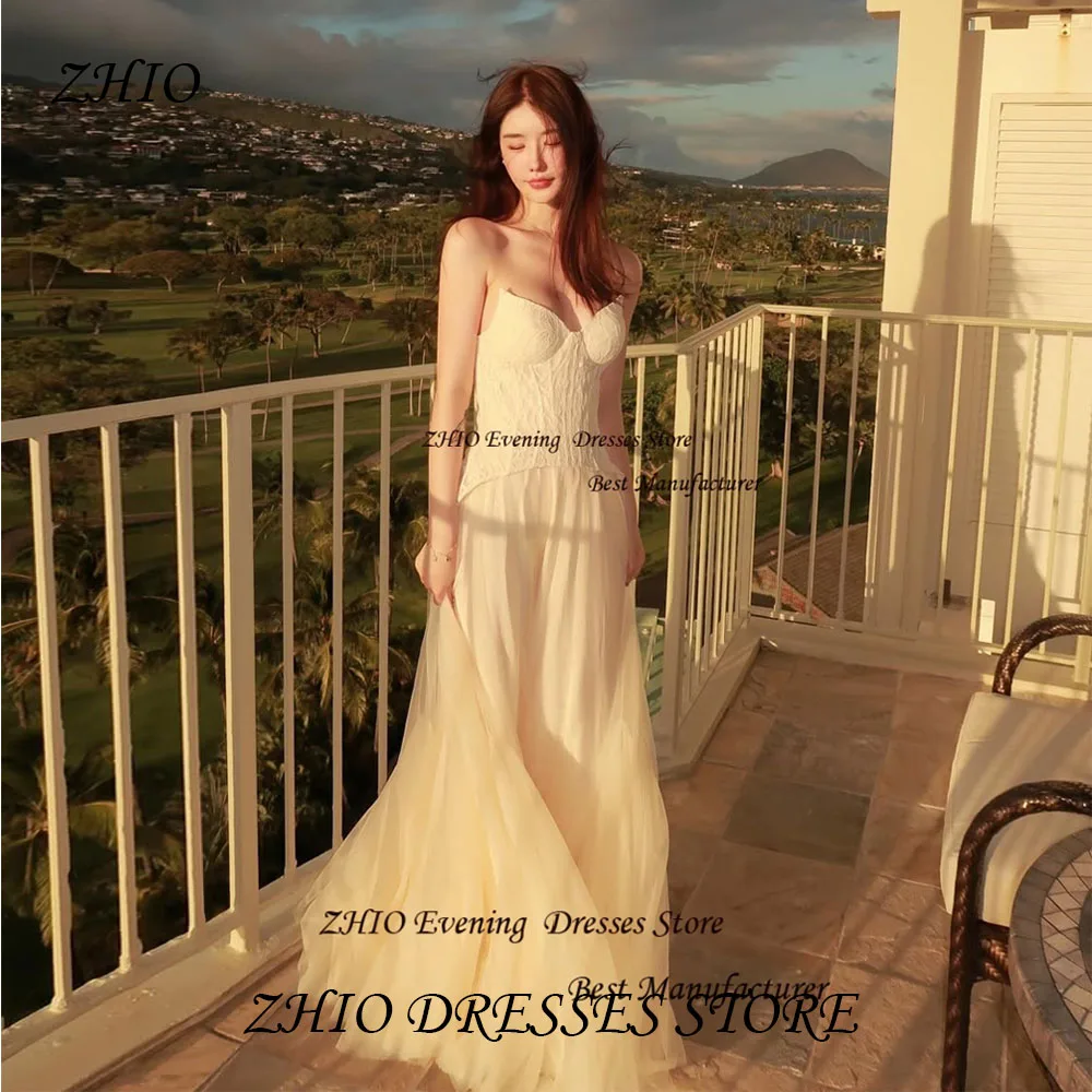 ZHIO Beige Tulle and Lace A Line Sweetheart Korean Wedding Dress Photoshoot Sleeveless Floor Length Formal Bride Gown with Pleat