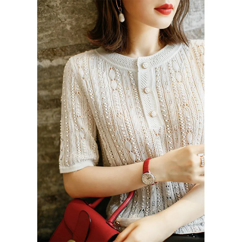 

Loose Ice Silk Knitted Short Sleeve round Neck Pullover Outerwear High Quality European Style Clothing for Women Summer Fashion