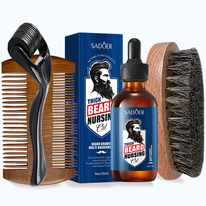 SADOER 55ml Men's Facial Beard Growth Oil Set, Beard Brush, Comb, Beard Roller, nourishes for a thick, soft and smooth beard