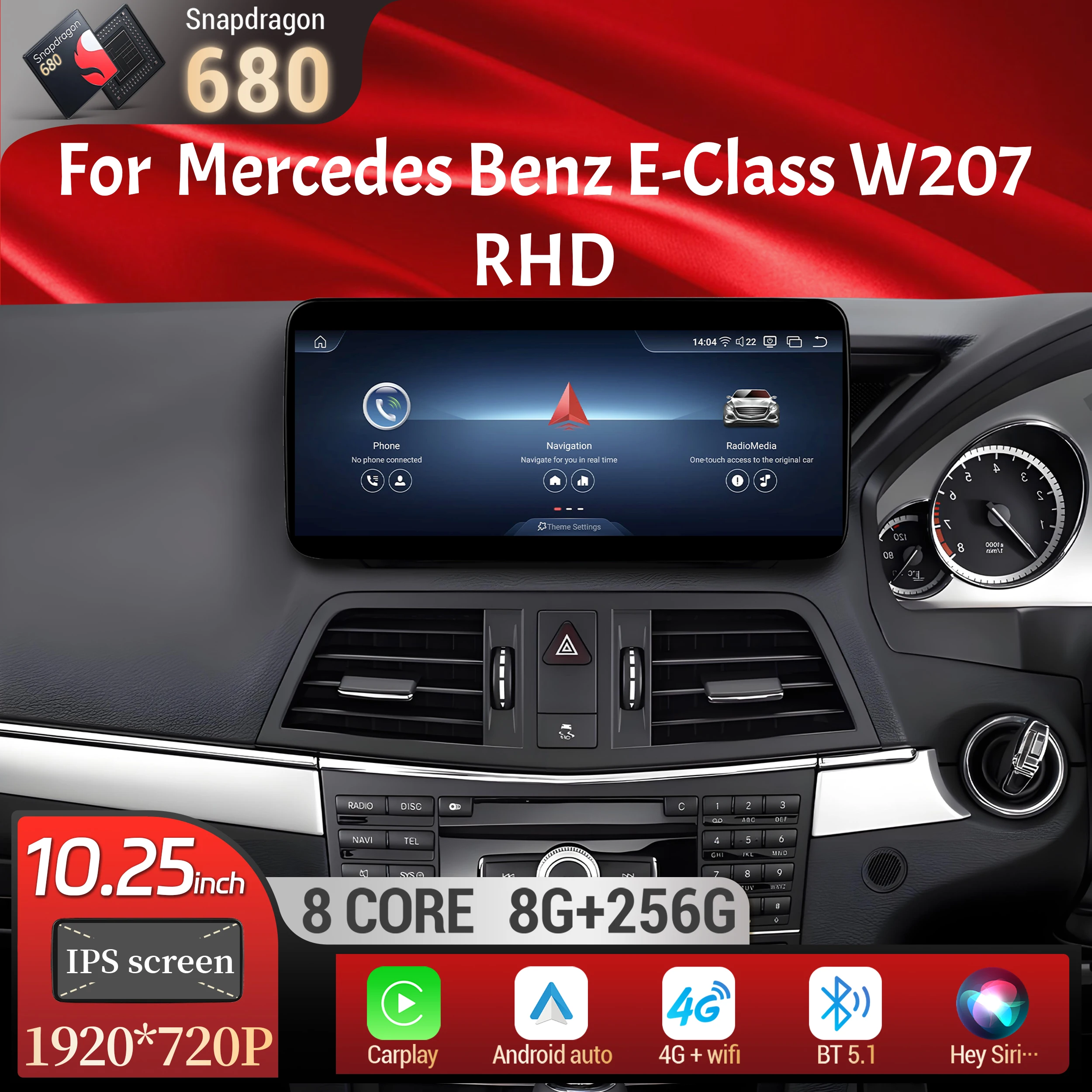 

10.25"Right Hand Drive Car Radio For Mercedes Benz E-Class C207 W207 A207 2009-2016 Android 14 BT Carplay Snapdragon 680 Screen