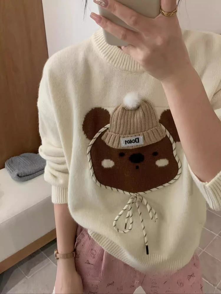 Women's Korean 3D Bear Jacquard Sweater Autumn Winter Soft Knit Sweater Cartoon Embroidered Drawstring Bow Design Sweater