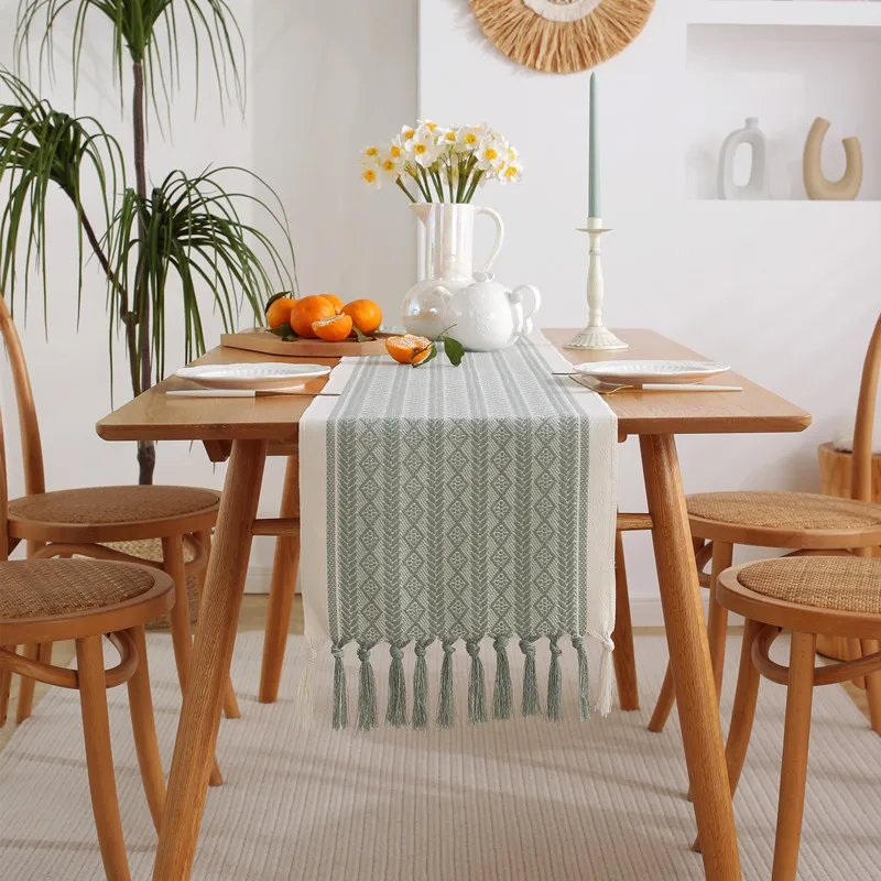 American Polyester Jacquard Table Runner Hand Tassel Yarn-Dyed Table Cloth Bucket Cabinet Cover Cloth Table Decorative Cloths