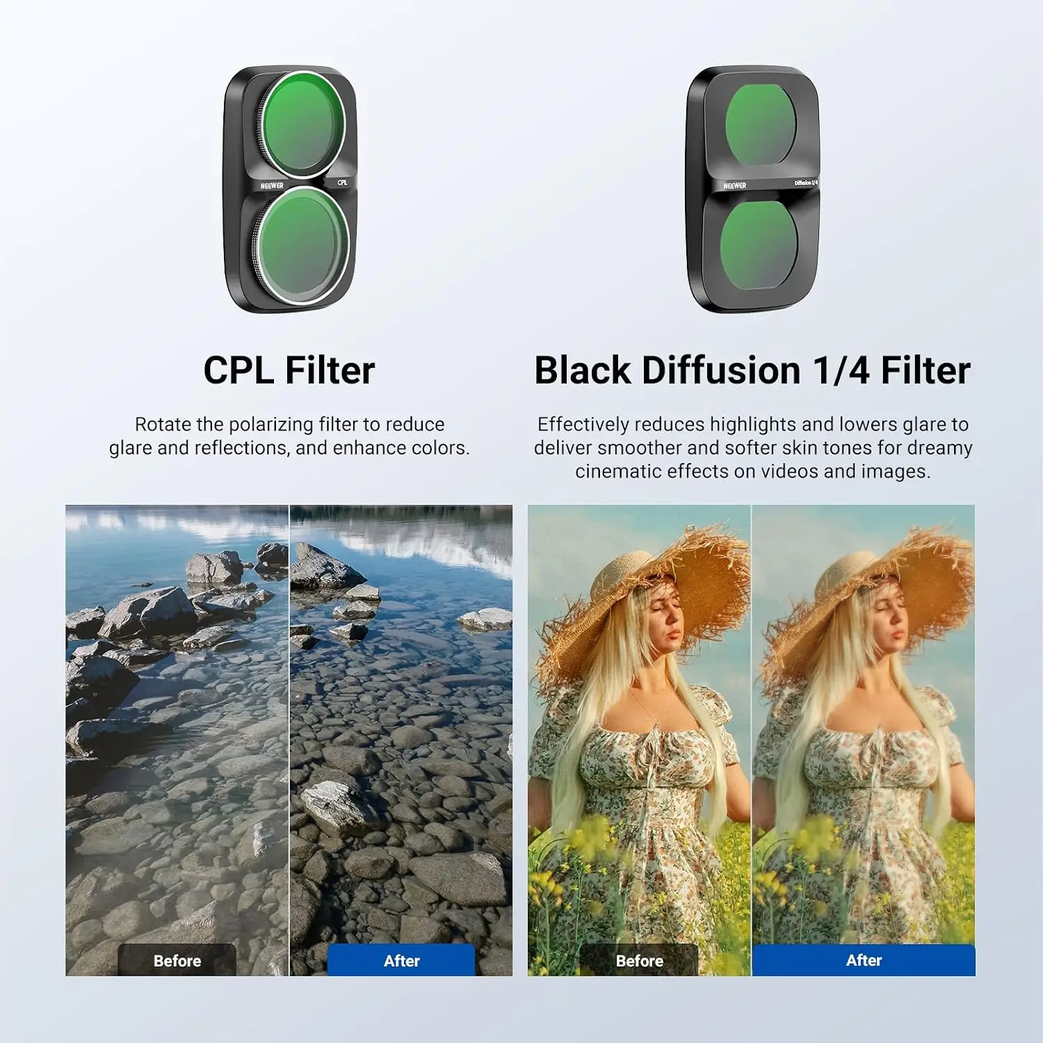 NEEWER Clarity+ND/CPL Filter für DJI Osmo Pocket 4P, HD Variable Neutral Density ND2-32, Zirkularpolarisator, Schwarze Diffusion 1/4 – Detail 5