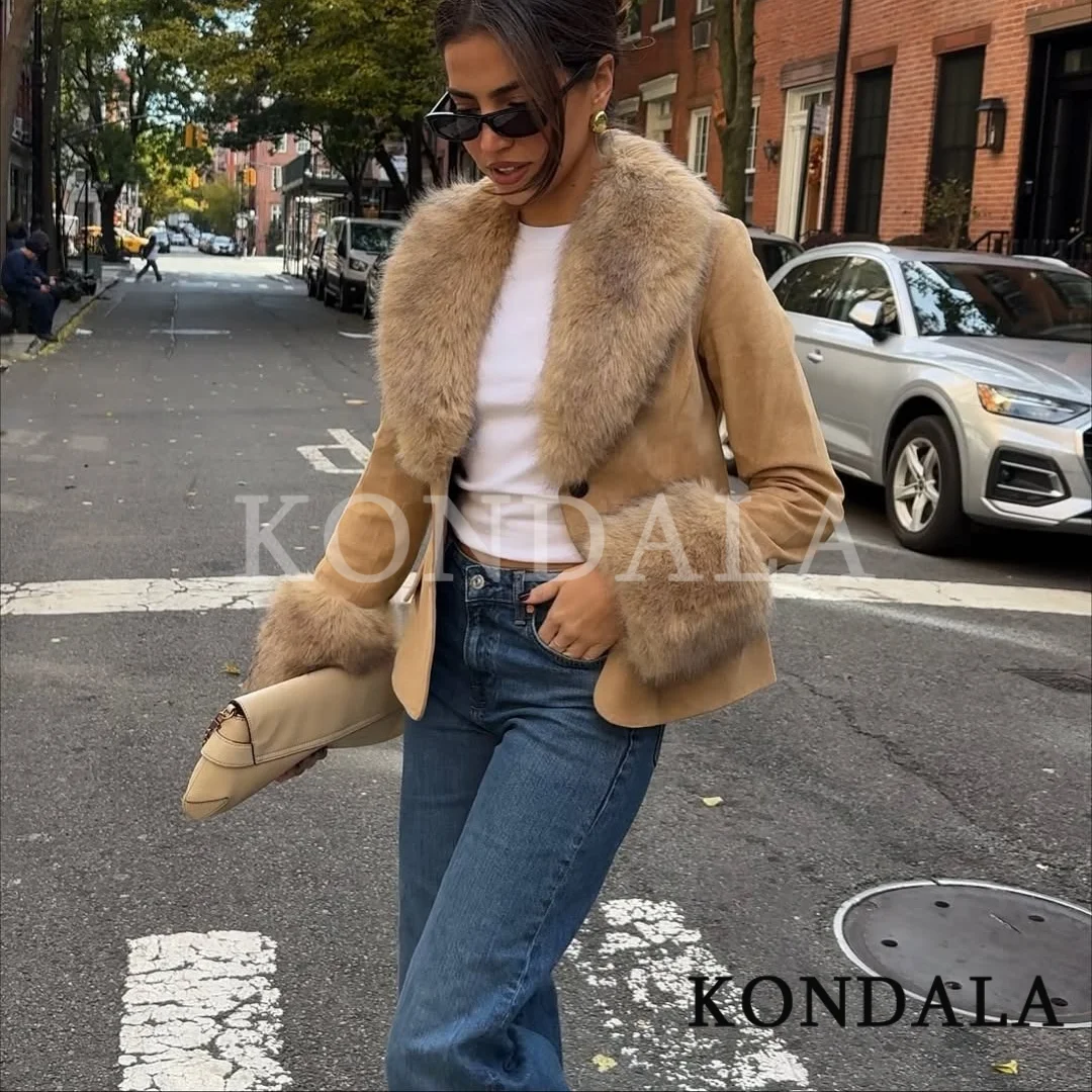 

KONDALA элегантная женская осенняя замшевая тонкая куртка с воротником из искусственного меха, универсальная роскошная куртка 2023 года, осеннее модное уличное короткое пальто