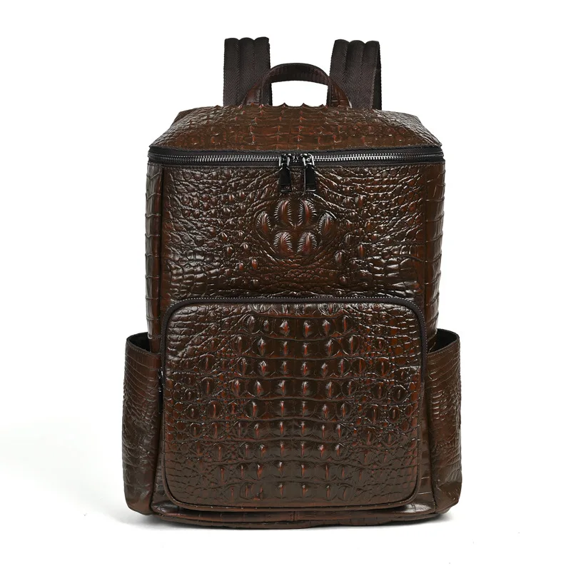 

Vintage Waxed Full-Grain Cowhide Backpack - Men's Retro Rucksack with Distressed Crocodile Texture, Spacious Laptop Compartment