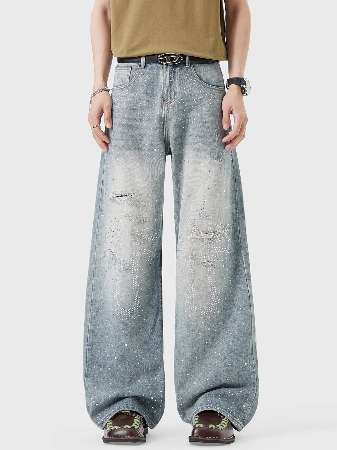 American Retro Hole Cross Rhinestone Jeans Men Loose Straight Leg Wide Leg Old Street Knife Long Pants Spring Wear