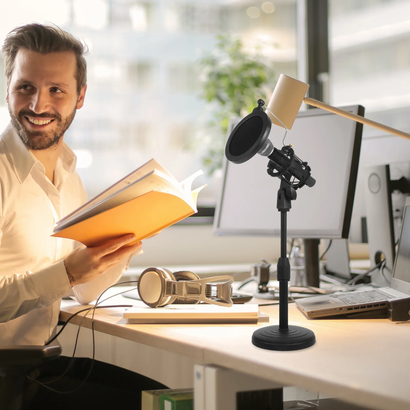 

1pc Adjustable Microphone Stand Metal Base Desktop Mic Support With Filter Non-Slip Pad For Conference Live Streaming