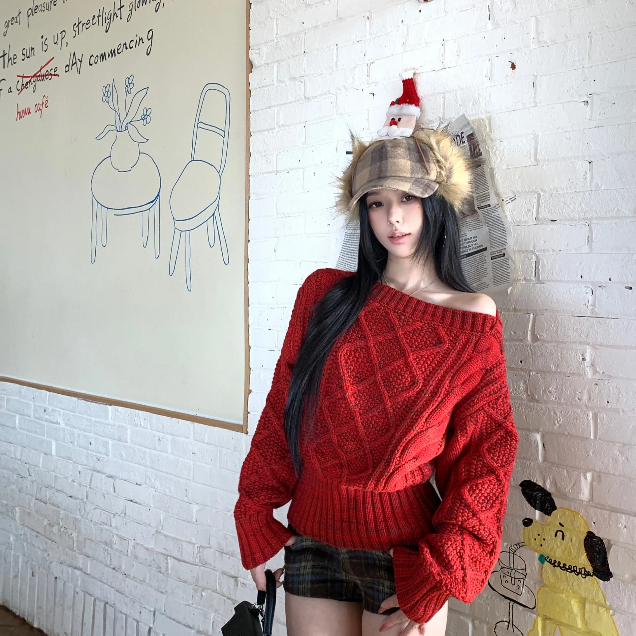 

Красный клетчатый свитер и комплект orts в стиле ретро с геометрическим узором, прямые брюки с низкой талией, повседневный осенне-зимний модный женский комплект Ense...