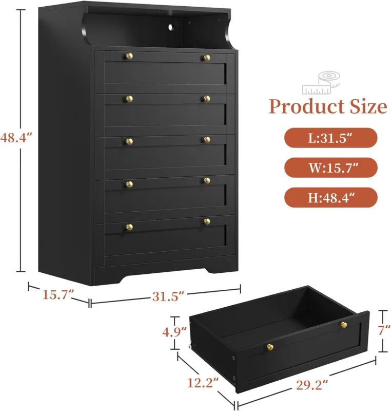 5 Drawer Dresser with LED, Black Dresser for Bedroom, Bedroom Dressers & Chests of Drawers, Tall Dresser with Deep Drawers