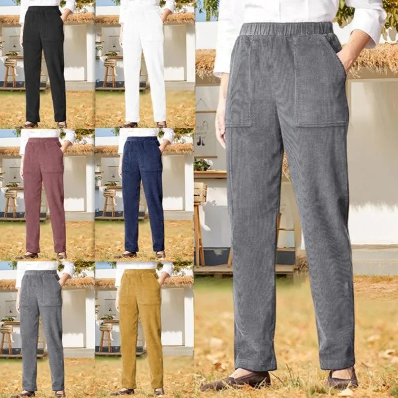 Women's Cotton Elastic Waist Pants Corduroy Full Length Trousers Patch Pocket Mid Rise Casual Pants Black Straight Leg Pants