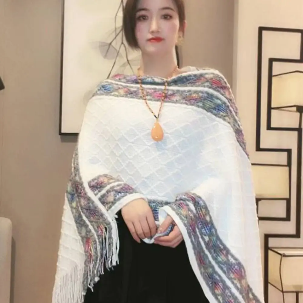 Soft Winter Warm Mongolian Poncho Ethnic Style Imitation Cashmere Rhombic Stripe Tassel Shawl Knitting Wraps Women Fashion