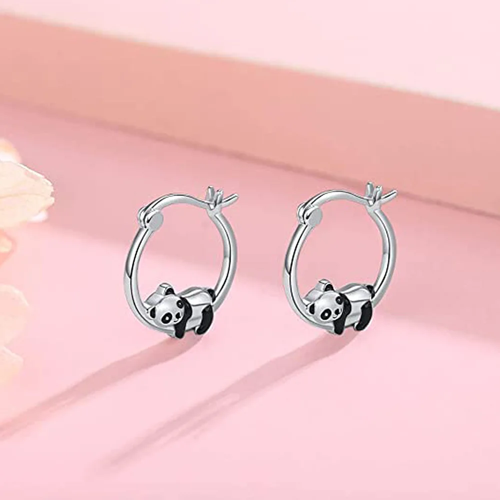 Huitan-pendientes de aro de Plata de Ley 925 para mujer, aretes de Panda negro, accesorios creativos para la oreja, joyería versátil de lujo, regalos para adolescentes