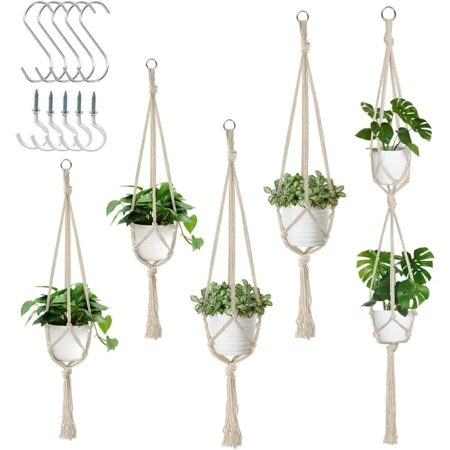 

5 Pack Macrame Plant Hangers Indoor Hanging Plant Holder with S Hooks and Hook Nails 3 Sizes 34 40 54 Handmade Macrame Planter