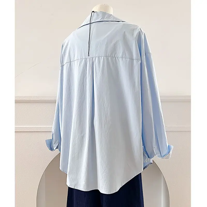 เสื้อคลุมคาร์ดิแกนผ้าฝ้ายสีฟ้าอ่อน แขนยาว สไตล์ลำลองสำหรับผู้หญิง ทรงหลวม เปิดไหล่ สไตล์เกาหลี แฟชั่นฤดูใบไม้ร่วง ใช้งานได้หลากหลาย คอเสื้อหลวม