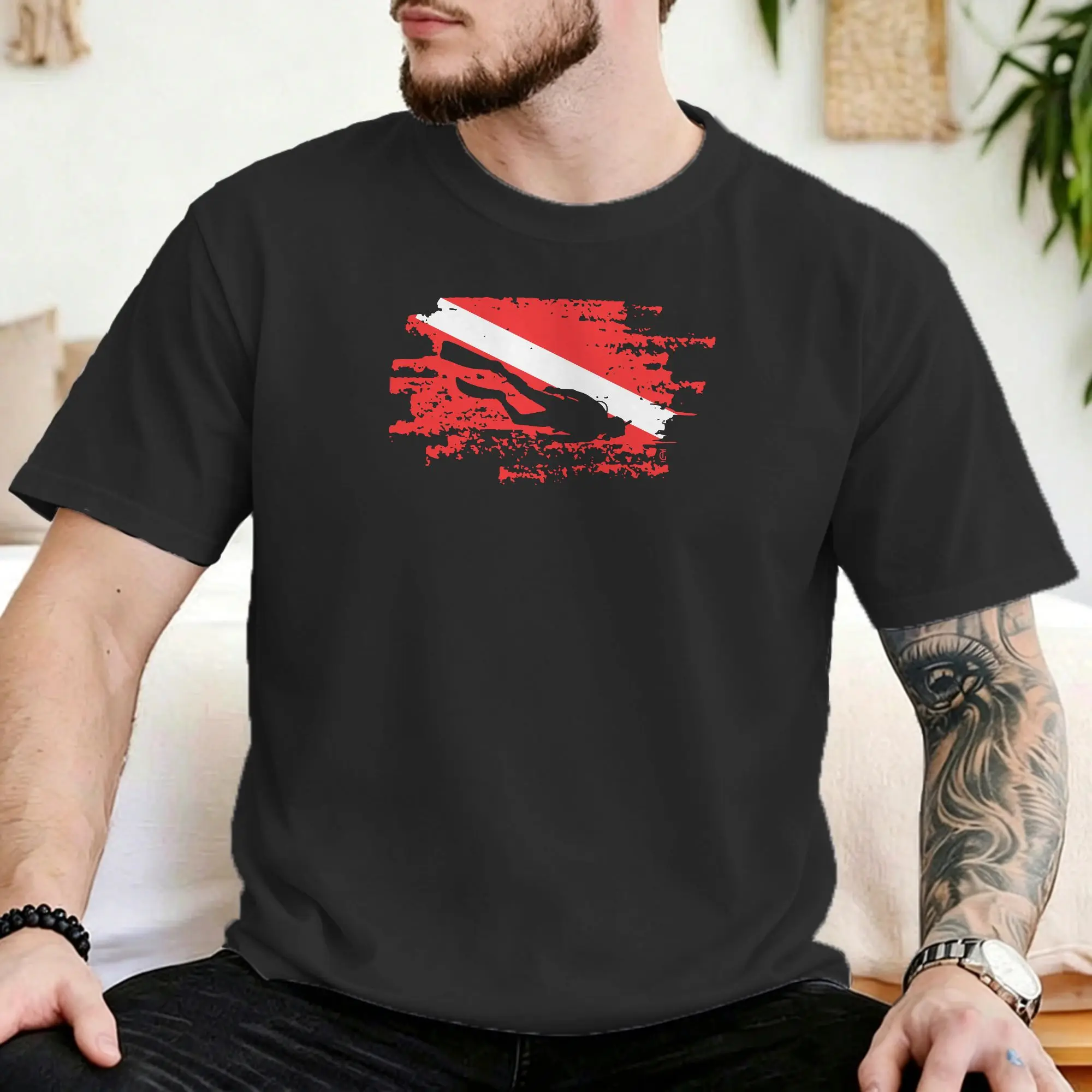 Camiseta Unissex de Algodão com Estampa de Bandeira de Mergulho, Gola Redonda, Manga Curta, Tamanhos Grandes
