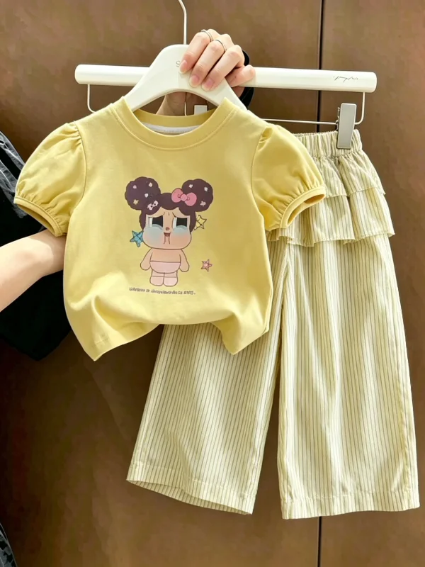 

Girls Summer round Neck Lace Trim Long Pants Set Cartoon Print Two Piece Suit Breathable Cotton Floral Pattern Middle Waist