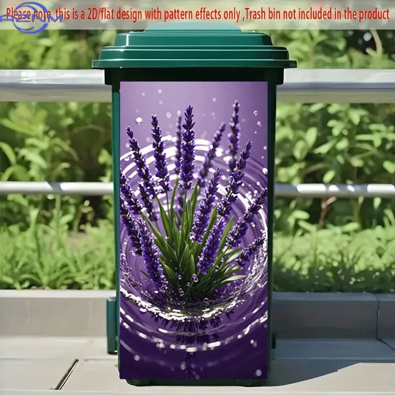PC 2D Flat Self-Adhesive Trash Can Sticker, Purple Flowers Blooming on Water, Serene and Picturesque Decorative Sticker, Creat