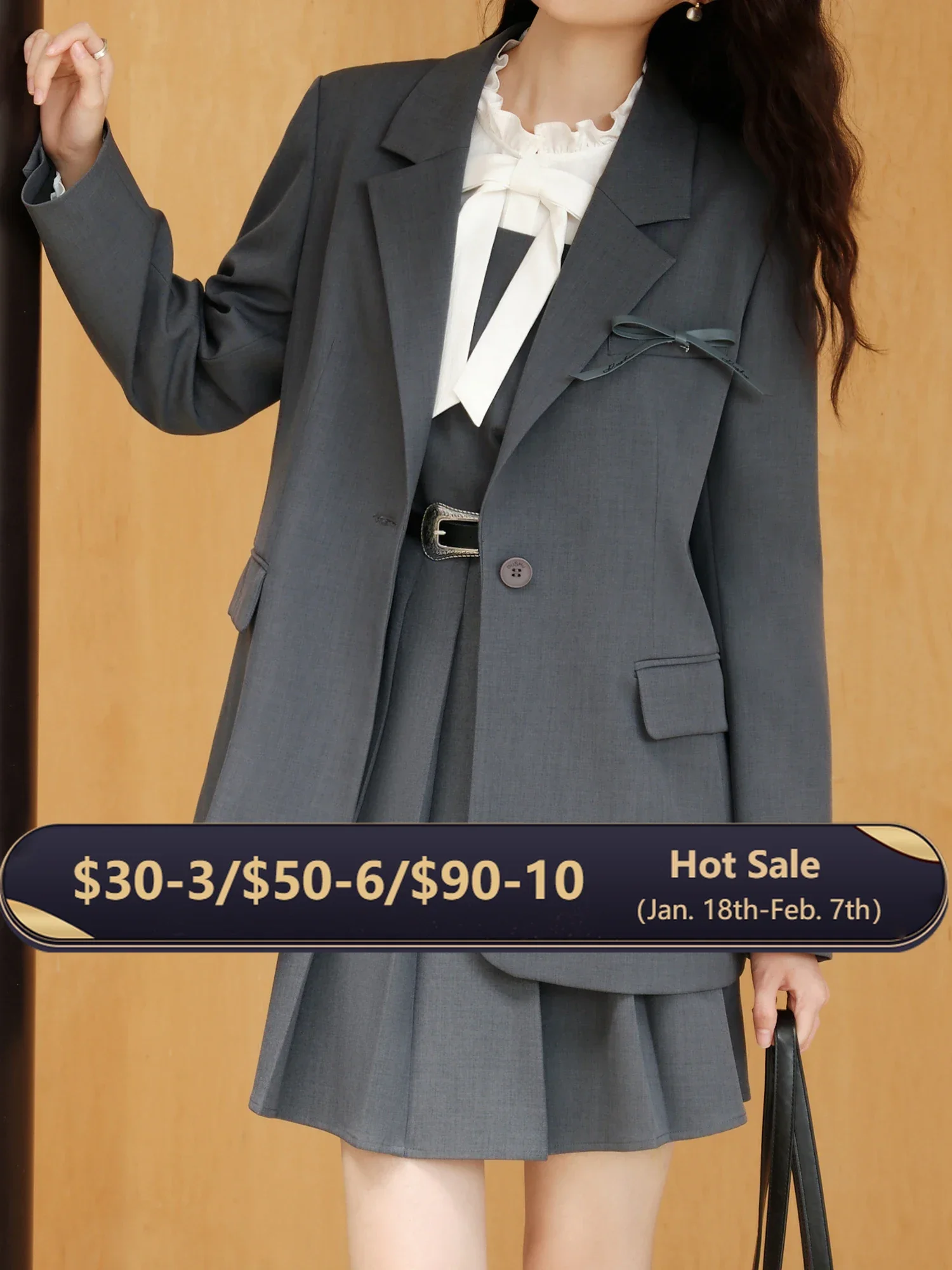 DUSHU Plus Size Dark Gray Blazer Skirt Suit Office Outfit 2024 Autumn New Design Lapel Elegant Dress Skirt Female Suit（No Belt）