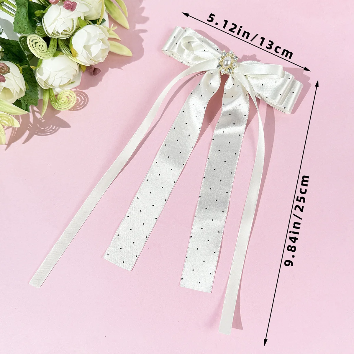24PCs Long Tassel Satin Ribbon Bow Hair Clips Dot Spot Prints Barrettes with Rhinestone Pearl, Headwear for Girls and Women Bulk