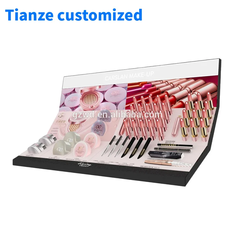 [Customized]Store Countertop Cosmetic Eyeshadow Lipstick Display Professional Makeup Display Stand Wooden Showcase Eyelash Count