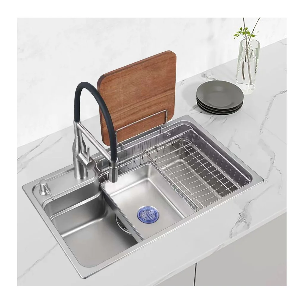 Motel Unique Products Mold Hot Press Silver Fregadero De New Cocina Washbasin Stainless Steel Kitchen Sink With Storage Rack