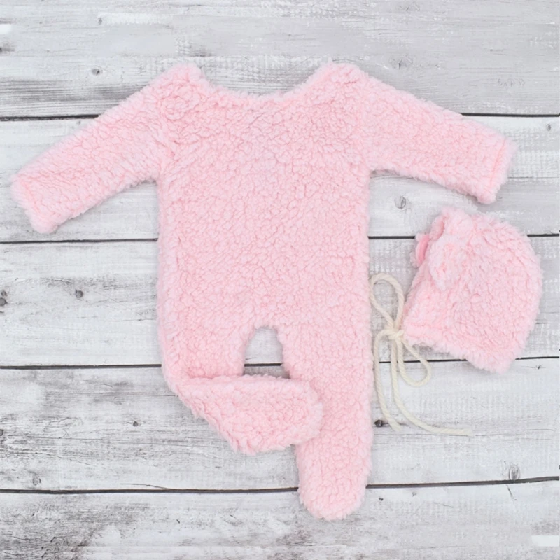 2Pcs Photography Props for Baby Boy Girls Unisex Jumpsuit Bear Ear Hat Footed Romper Newborn Photoshooting Accessories