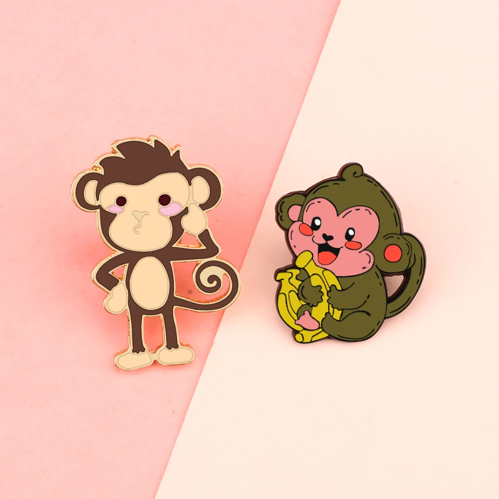 2 Styles Cartoon Monkey Enamel Pins High Qualityt Cute Animal Brooches Women Men Jeans Coat Lapel Pin Badges Jewelry for Friend