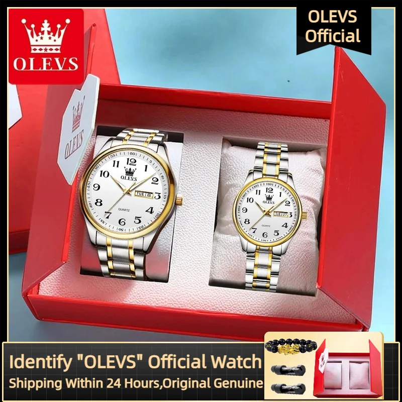 OLEVS 5567 ساعة الزوجين الفاخرة الرجال النساء ساعة كوارتز ساعة تقويم مزدوجة مقاوم للماء له ولها تاريخ زوجين طقم ساعات هدية