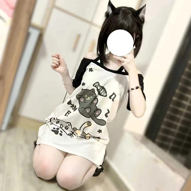 Y2k women clothing arcane stitch Cat Cute Loose Cartoon Print Kawaii T Shirt Harajuku Short Sleeves 2024 Girls Casual Tees tops