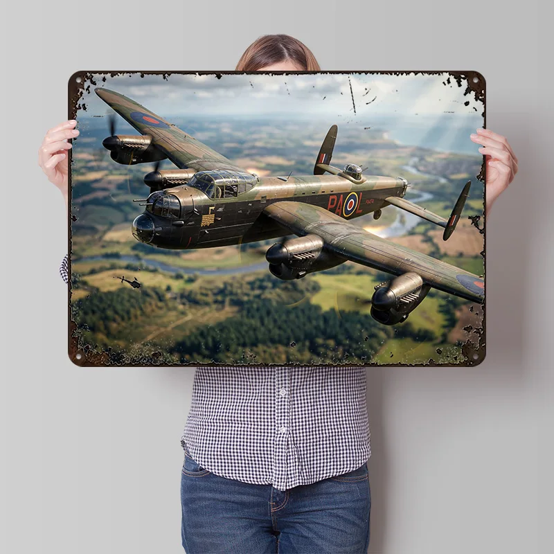 Avro Lancaster Bomber in Flight Metal Poster Customized Wall Art Retro Vintage Metal Signs for Man Cave Office Decoration Gaming
