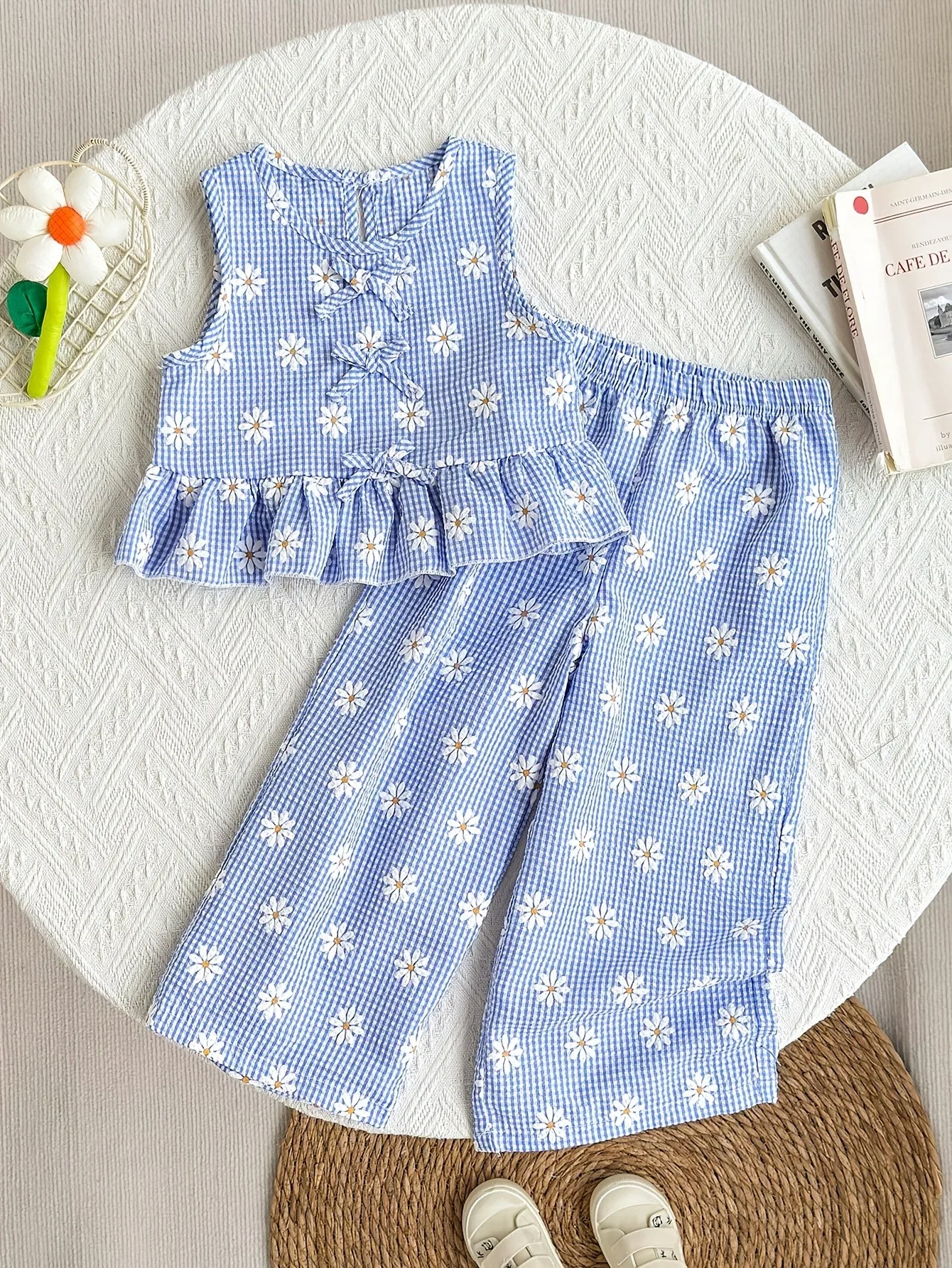 Comfy Kids Girls 2-Piece Set, Breathable Gingham Daisy Print Sleeveless Top + Wide Leg Pants for Beach & Outdoor