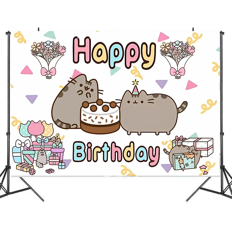 Pusheen Birthday Backgrounds Photography Backdrops Anime Fat Cats Vinyl Wall Hanging Decorations Cute Kids Party Prop Supplies