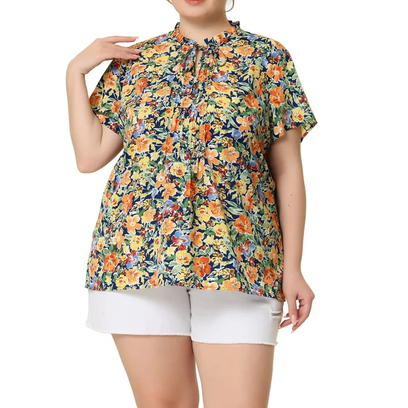 

Large size women's shirt, floral print ruffle edge round neck short sleeved shirt, collar tie, front chest drape design