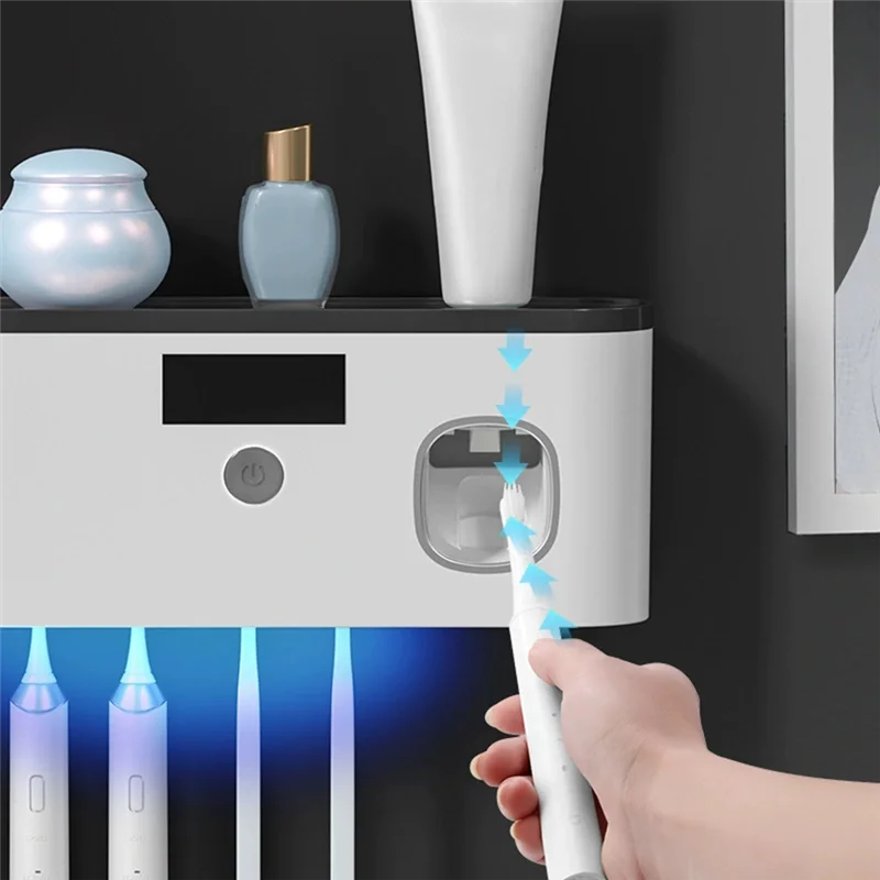 【SHOP JOURNEY】Wall-Mounted USB Rechargeable Toothbrush Disinfect Holder Automatic Toothpaste Dispenser Storage Box Rack