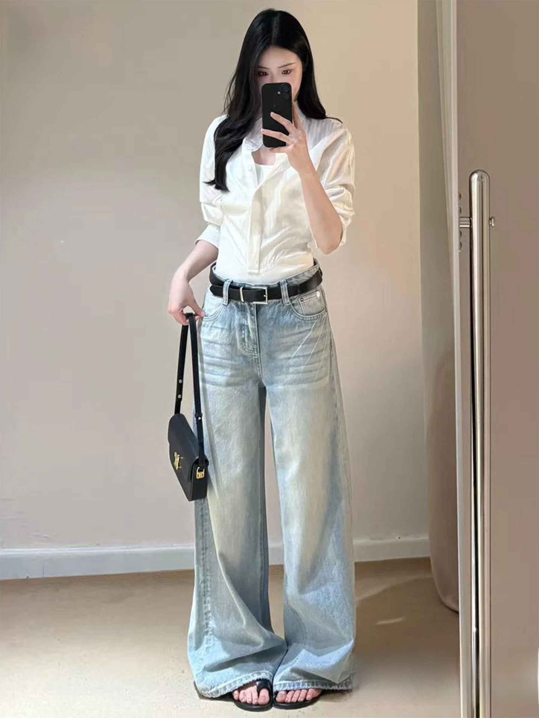 

Американские джинсы свободного кроя с широкими штанинами для женщин, летние, новые, прямого кроя, в пол, повседневные, с естественной талией, из денима