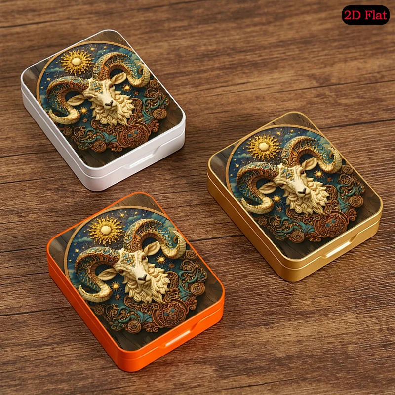 Aries Zodiac Emblem Theme Small Object Storage UV Printed Flip Top Tin Box, Portable Personalized Photo Tinplate Box