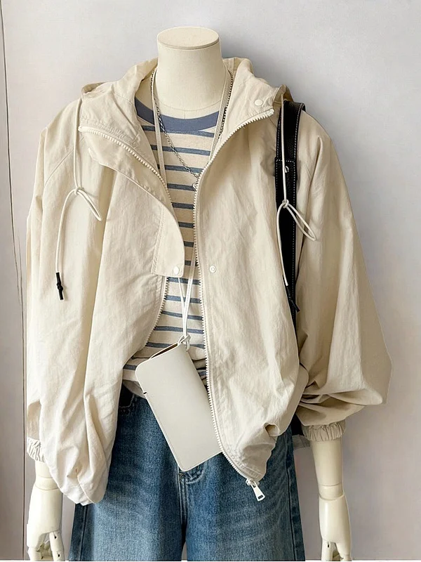 

Lightweight Loose Short Women's Jacket Hooded Drawstring Sun Protection Outerwear Casual Commute Style Zipper Closure