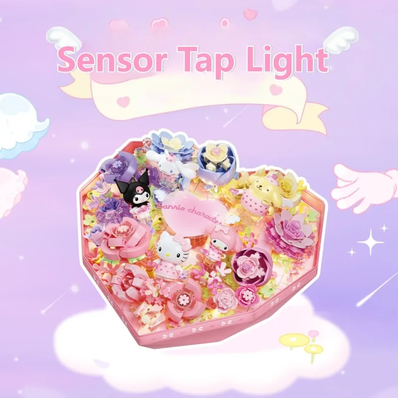 

Sanrio консервированная цветочная коробка, строительные блоки, Hello Kitty Kuromi, милая модель персонажа, кирпичи с подсветкой, романтические подарки для взрослых, игрушки