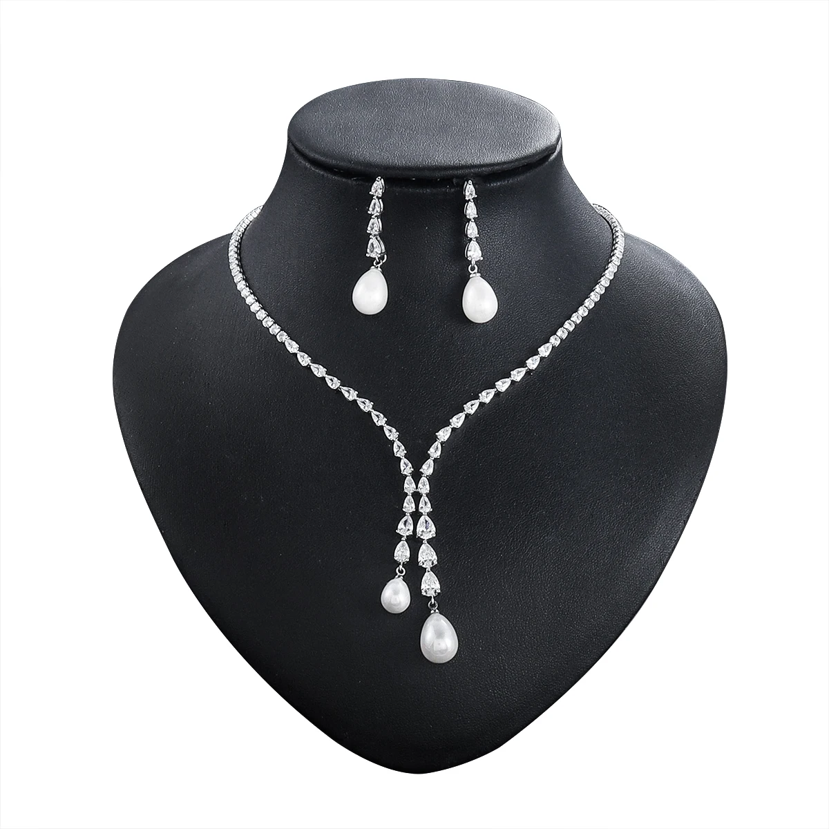 WEIMANJINGDIAN Brand New Arrival Cubic Zirconia and Pearl Drop Necklace Wedding Jewelry Set Matched with Earrings