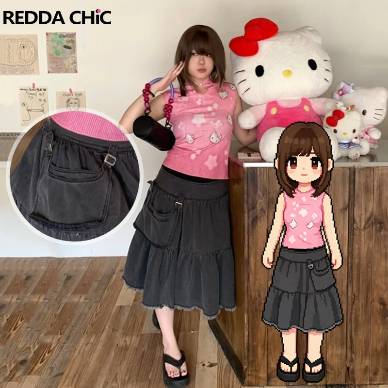 

Джинсовая юбка ReddaChic с отстегивающимися карманами, свободного кроя, с оборками, А-силуэт, с низкой посадкой, длинная, в стиле гранж/акуби, для женщин