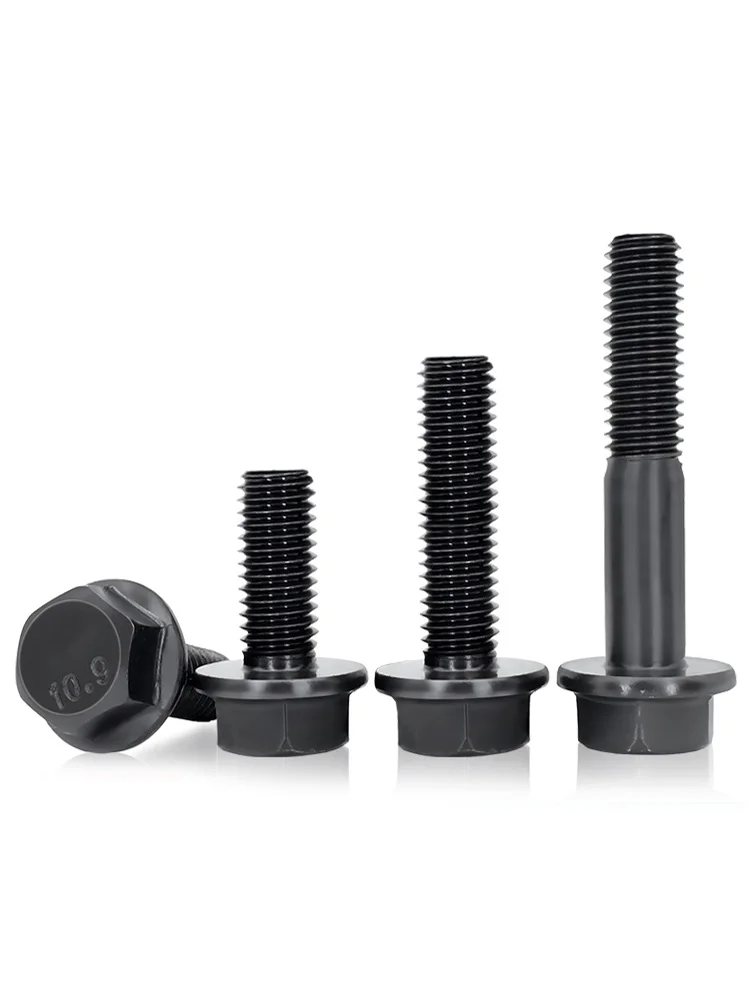 1~5pcs M6 M8 M10 M12 M14 M16 Hexagon Flange Screws Bolt Hex Flange Cap Screws Fastener Grade 10.9 Black Carbon Steel