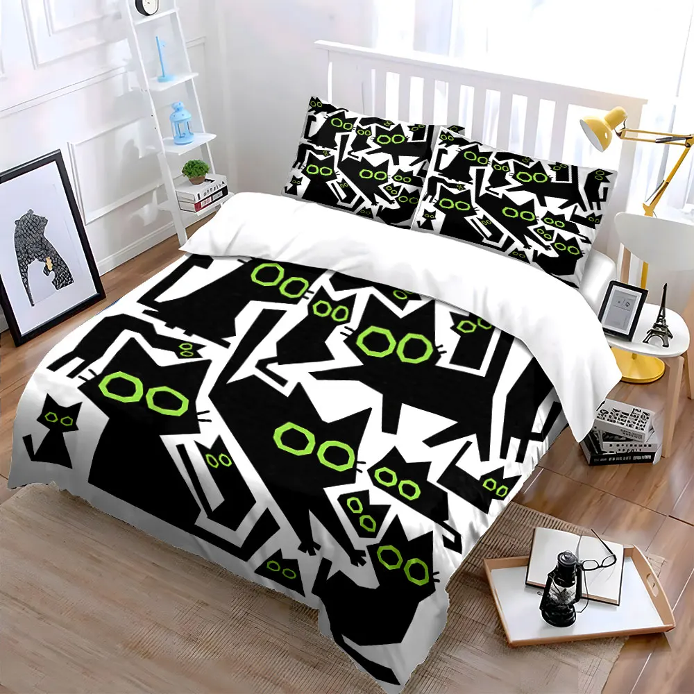 Black silhouette cats with green eyes Print Bedding Set 1Duvet Cover 2Pillowcases for Adult and Children Luxury Gift Full Size