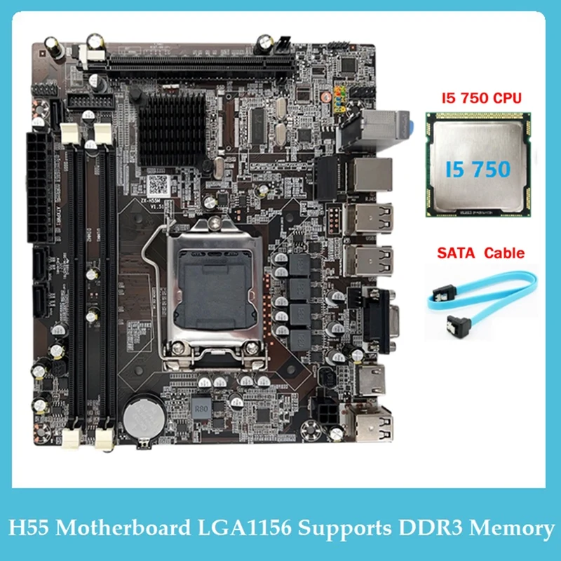 

Материнская плата H55 LGA1156 поддерживает процессор I3 530 I5 760, черная материнская плата + процессор I5 750 + кабель SATA